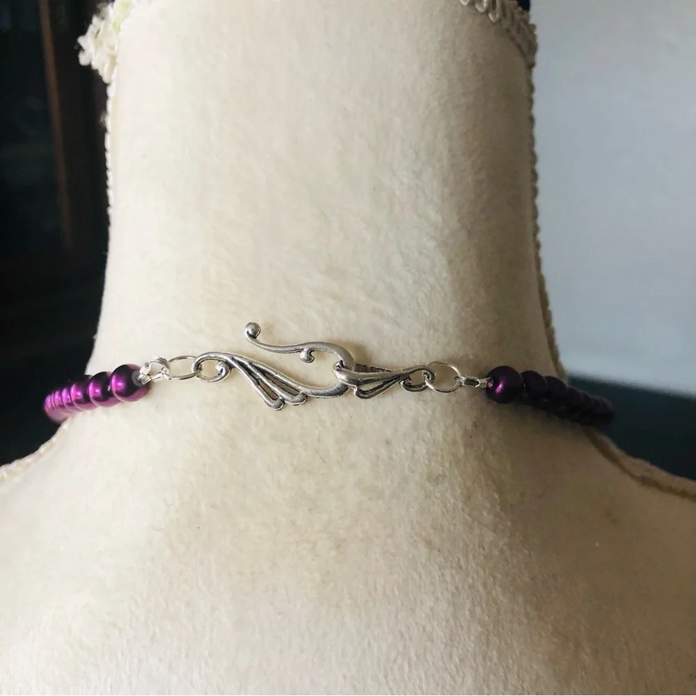 Handcrafted repurpose purple rose filigree pendant Czech glass Pearl necklace